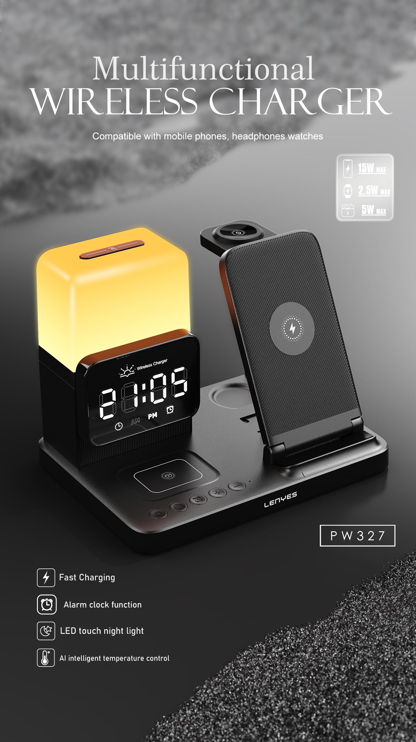 LENYES PW327 Cargador Inalámbrico 4en1 15W Reloj Alarma Lámpara Plegable Negro