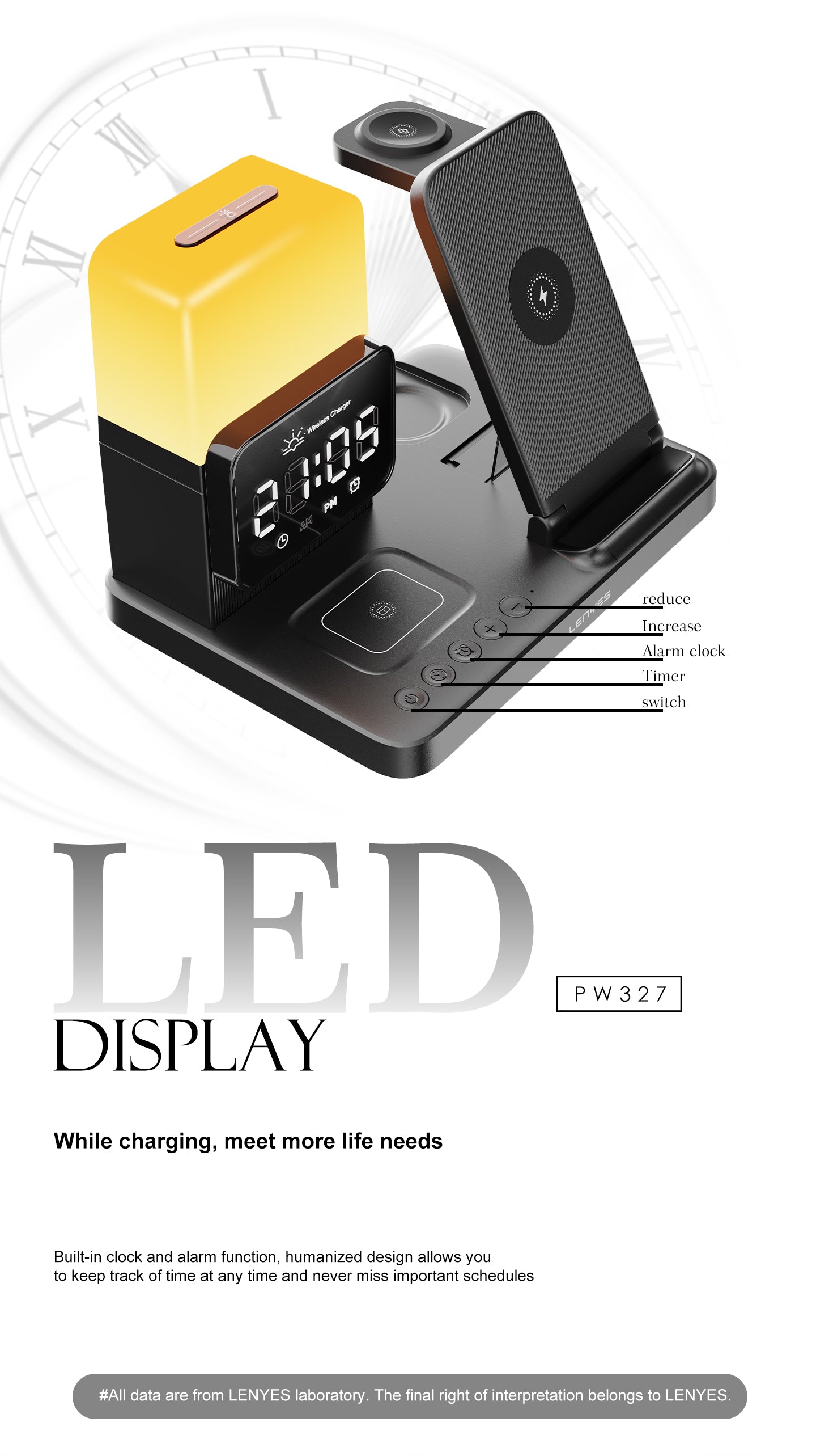 LENYES PW327 Cargador Inalámbrico 4en1 15W Reloj Alarma Lámpara Plegable Negro