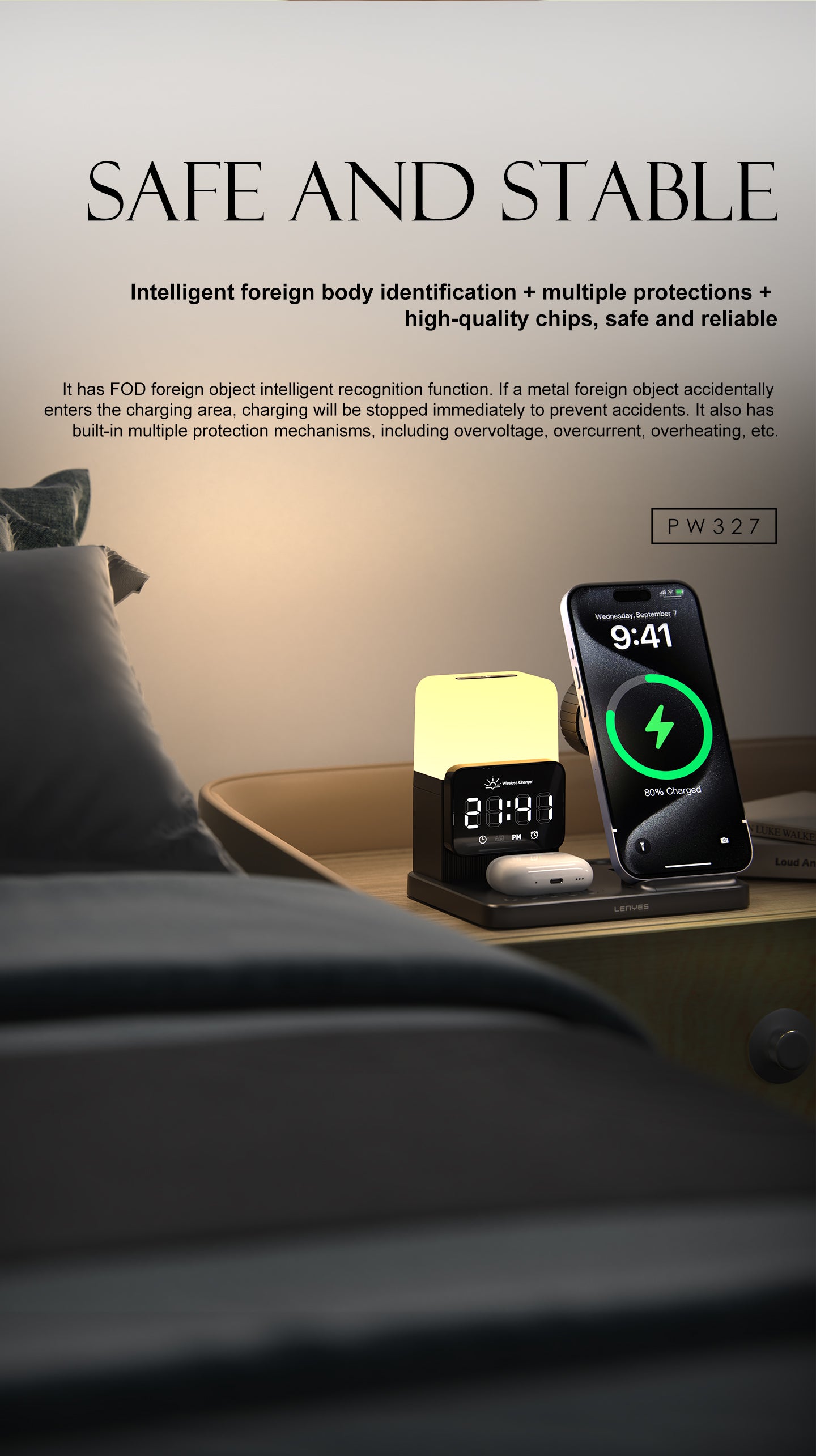LENYES PW327 Cargador Inalámbrico 4en1 15W Reloj Alarma Lámpara Plegable Negro