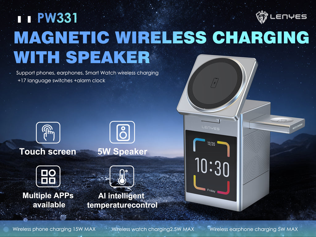 LENYES PW331 Cargador Inalámbrico 3en1 15W Pantalla Táctil Altavoz Ruido Blanco Plata
