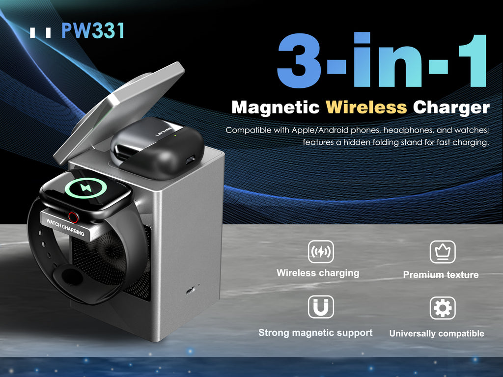 LENYES PW331 Cargador Inalámbrico 3en1 15W Pantalla Táctil Altavoz Ruido Blanco Plata