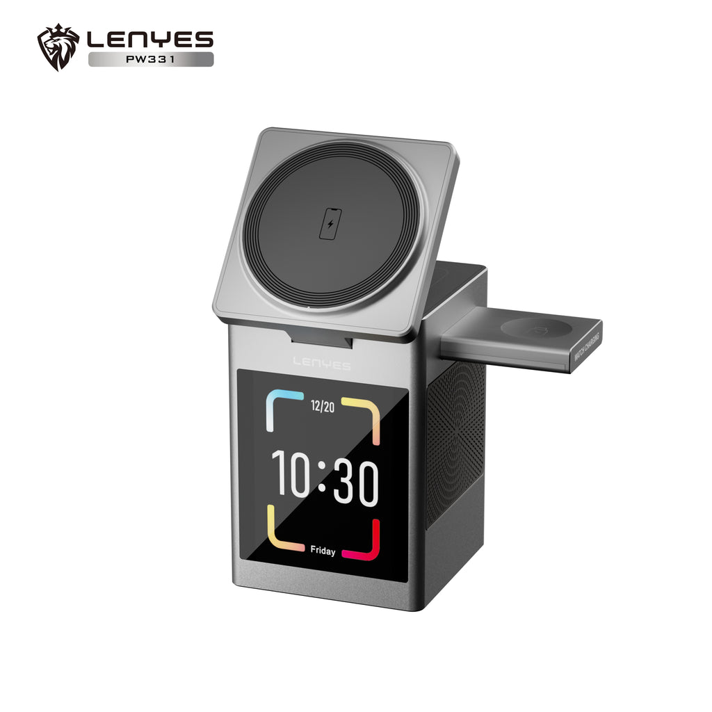 LENYES PW331 Cargador Inalámbrico 3en1 15W Pantalla Táctil Altavoz Ruido Blanco Plata