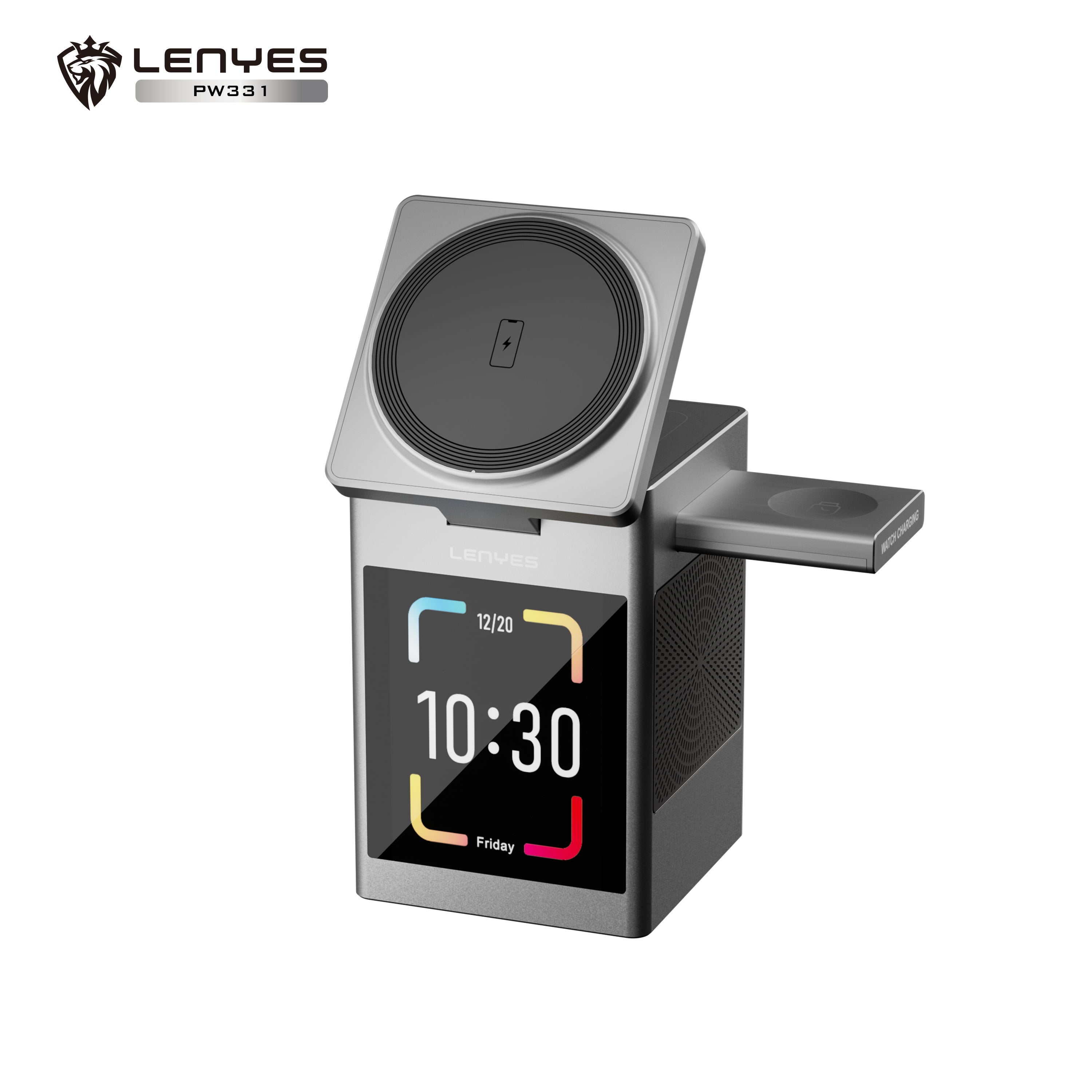LENYES PW331 Cargador Inalámbrico 3en1 15W Pantalla Táctil Altavoz Ruido Blanco Plata