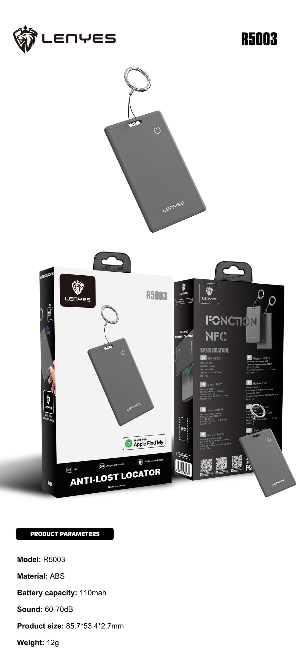 LENYES R5003 Localizador Apple Find My Tarjeta Carga Inalámbrica NFC Negro