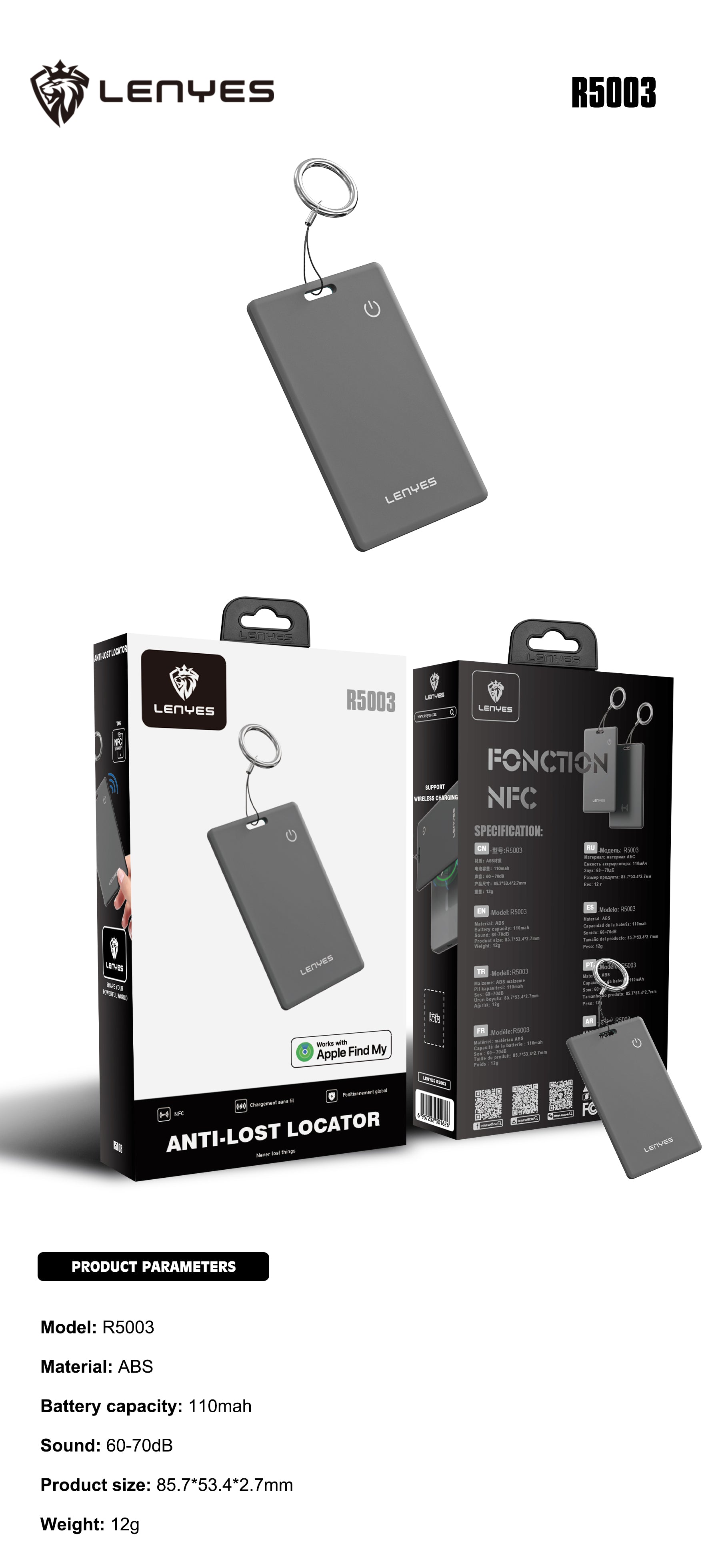 LENYES R5003 Localizador Apple Find My Tarjeta Carga Inalámbrica NFC Negro