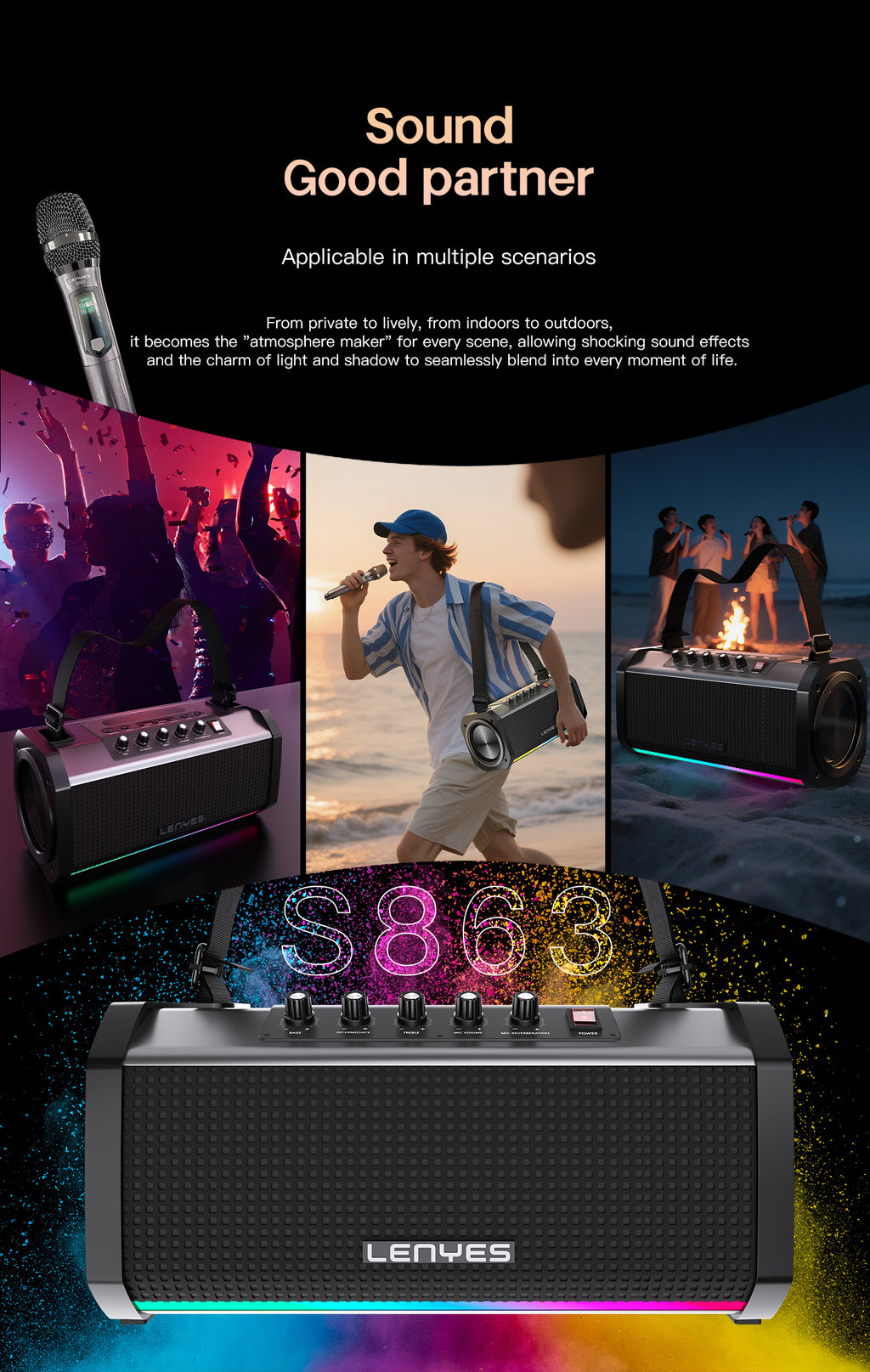LENYES S863 Altavoz Bluetooth Ultra Portátil IPX6 TWS Compacto Negro
