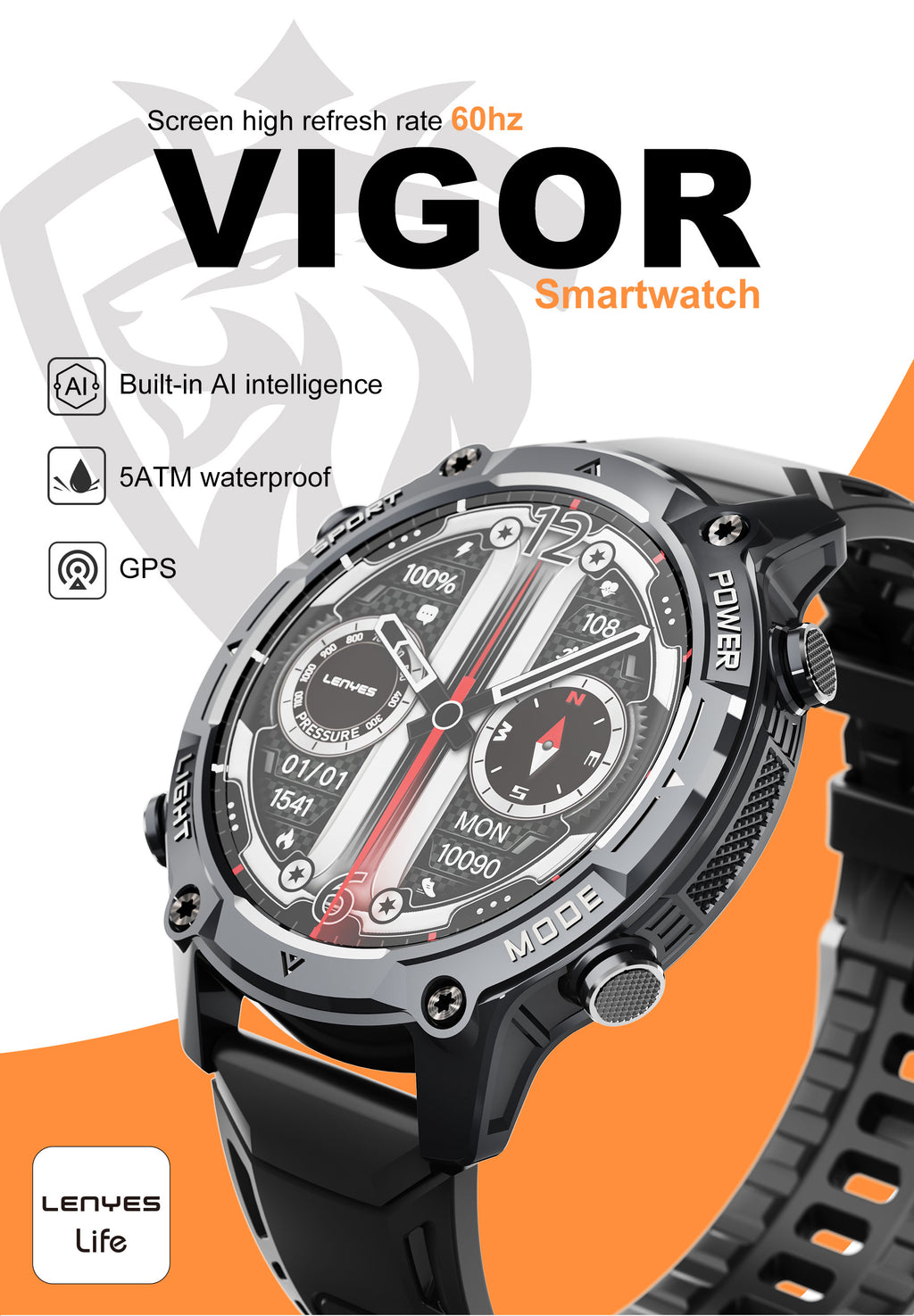 LENYES VIGOR Smartwatch Táctico Reforzado Monitor Salud SpO2 Presión IP67 Negro