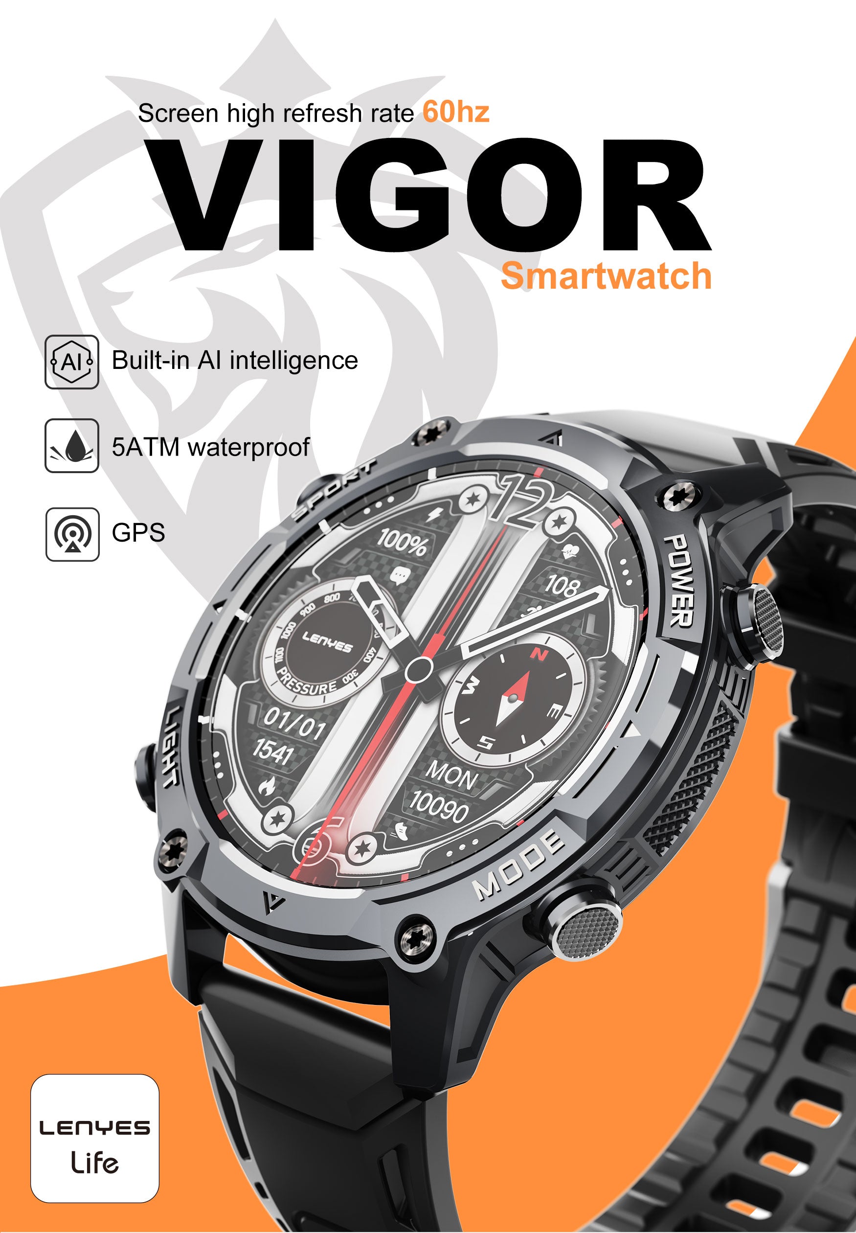 LENYES VIGOR Smartwatch Táctico Reforzado Monitor Salud SpO2 Presión IP67 Negro