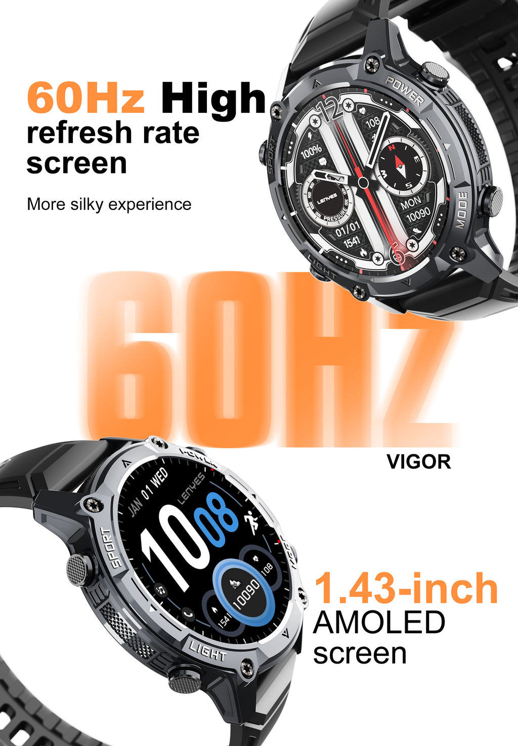 LENYES VIGOR Smartwatch Táctico Reforzado Monitor Salud SpO2 Presión IP67 Negro