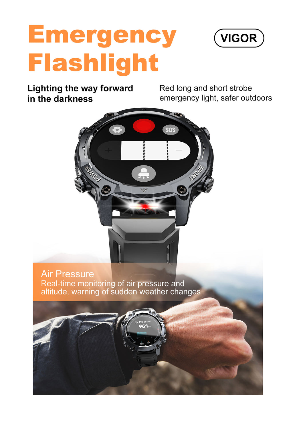 LENYES VIGOR Smartwatch Táctico Reforzado Monitor Salud SpO2 Presión IP67 Negro