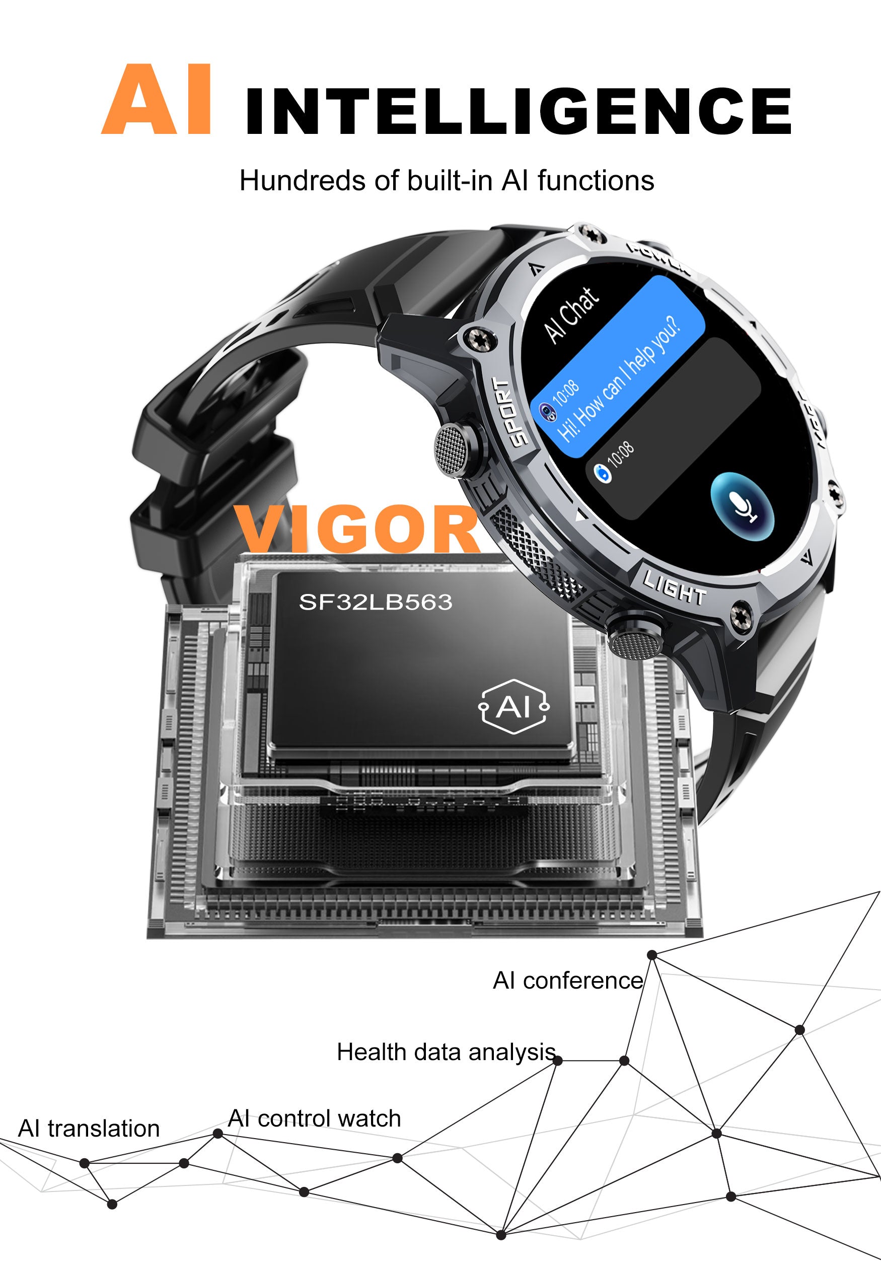 LENYES VIGOR Smartwatch Táctico Reforzado Monitor Salud SpO2 Presión IP67 Negro