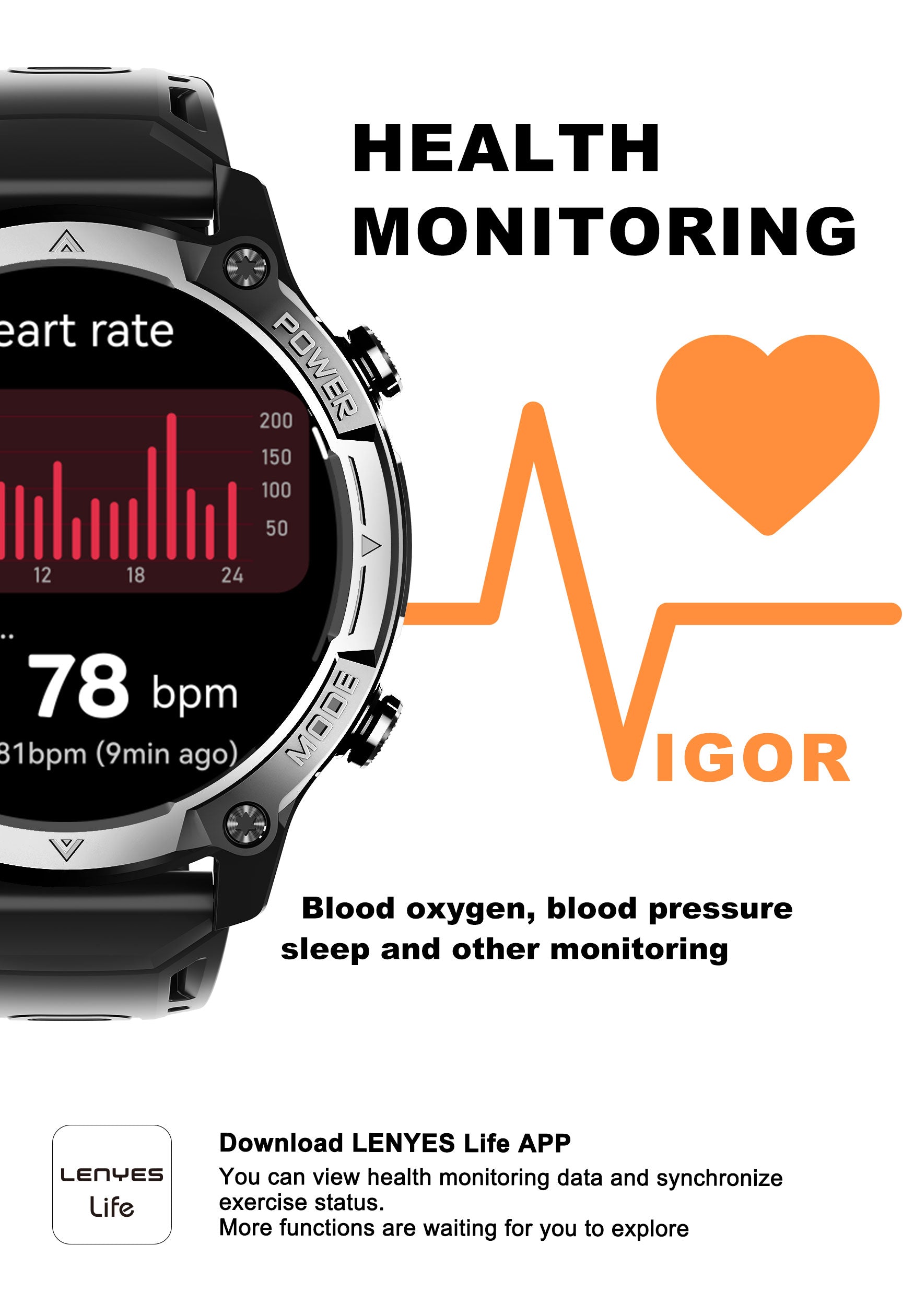 LENYES VIGOR Smartwatch Táctico Reforzado Monitor Salud SpO2 Presión IP67 Negro