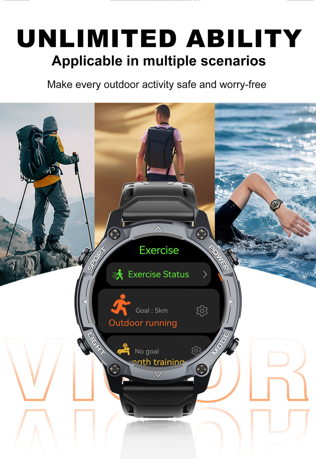 LENYES VIGOR Smartwatch Táctico Reforzado Monitor Salud SpO2 Presión IP67 Negro