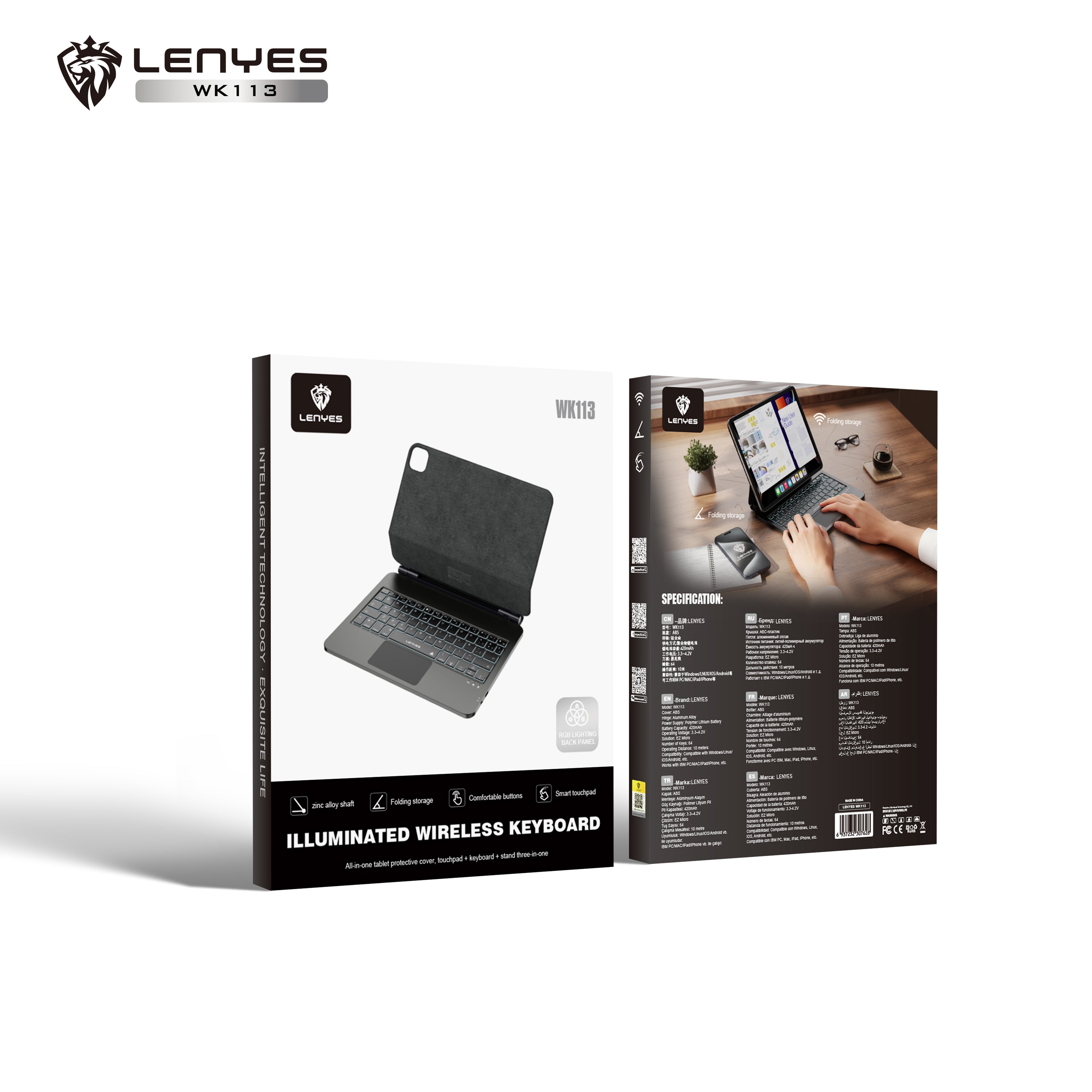 LENYES WK113 Funda iPad Teclado Bluetooth Multi-Ángulo Ranura Stylus USB-C Negro
