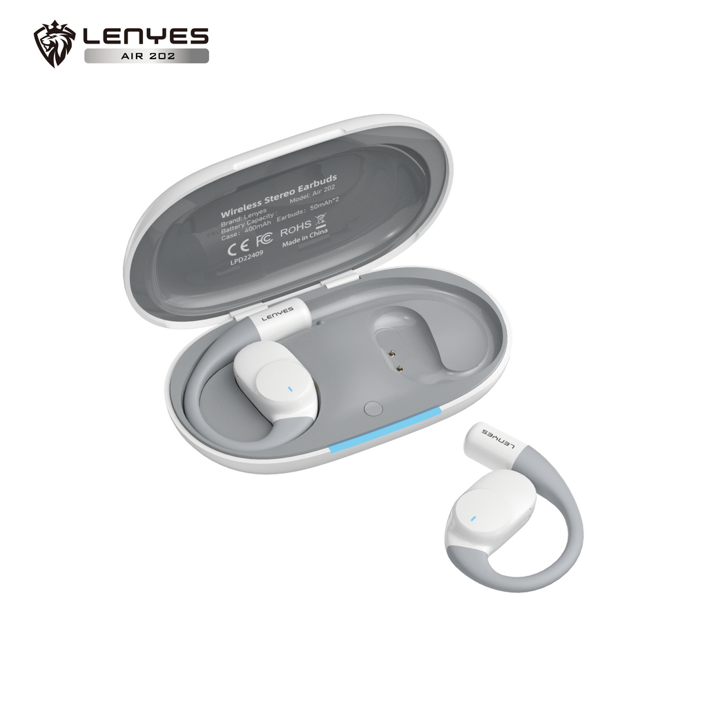LENYES AIR 202 WHITE Auriculares Bluetooth 5.4 Abiertos con Gancho - IPX4 Resistentes al Agua 32h Batería