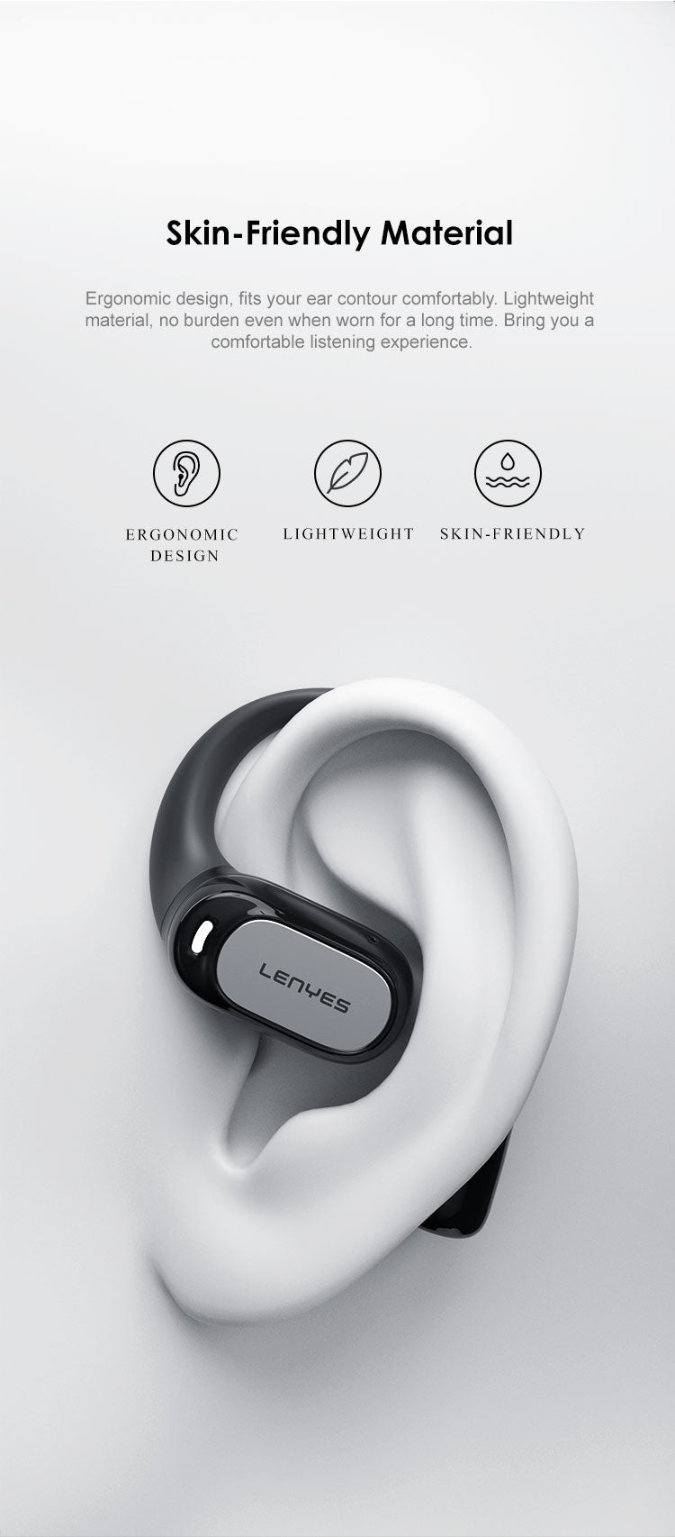 LENYES AIR 201 BLACK Auriculares Bluetooth 5.4 Deportivos con Gancho de Oreja - Resistentes al Sudor