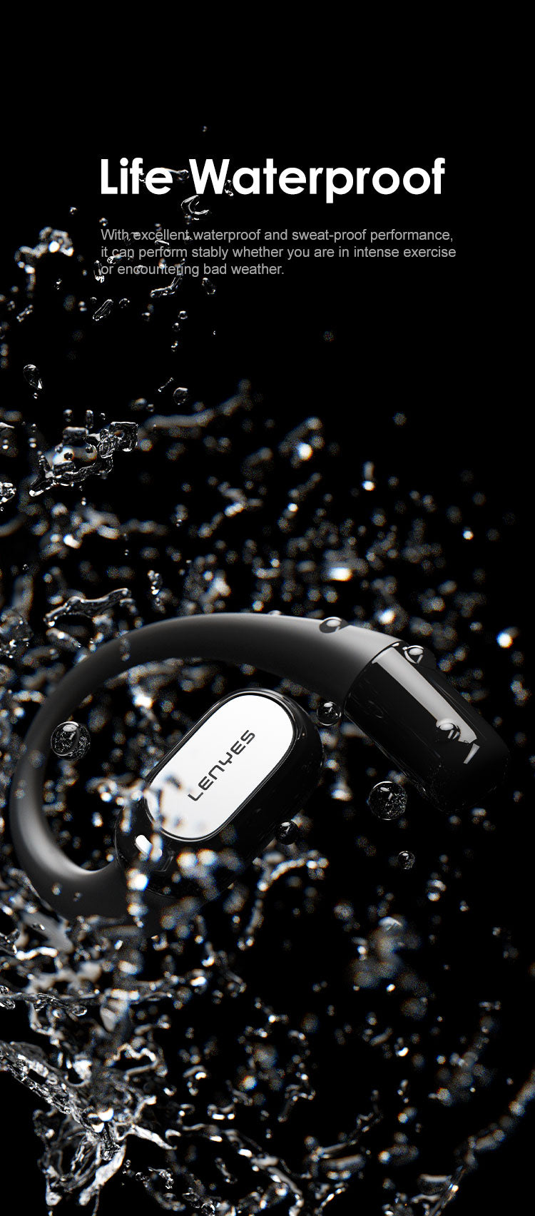 LENYES AIR 201 BLACK Auriculares Bluetooth 5.4 Deportivos con Gancho de Oreja - Resistentes al Sudor