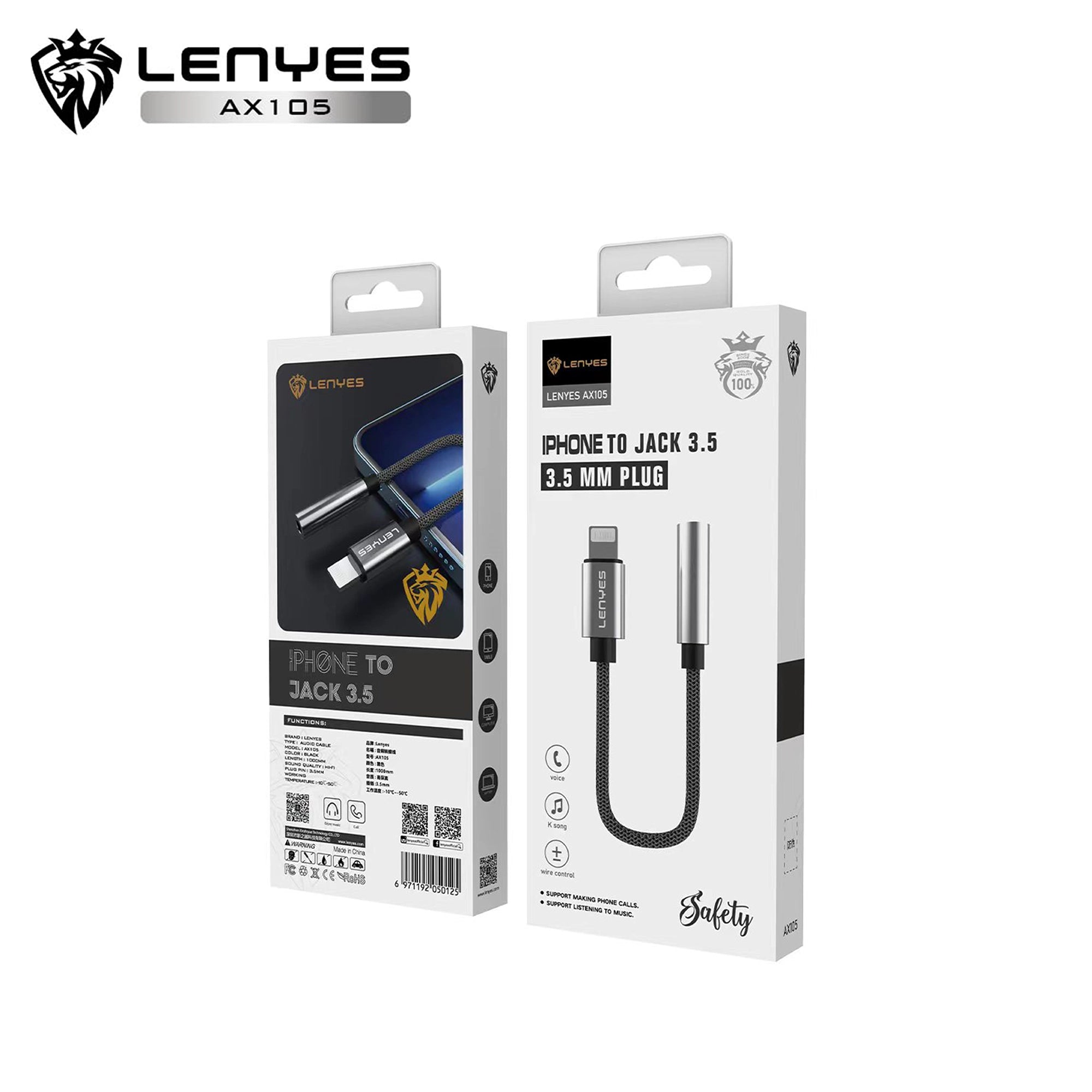 LENYES AX105 Adaptador Lightning a Jack 3.5mm iPhone Hi-Fi Trenzado