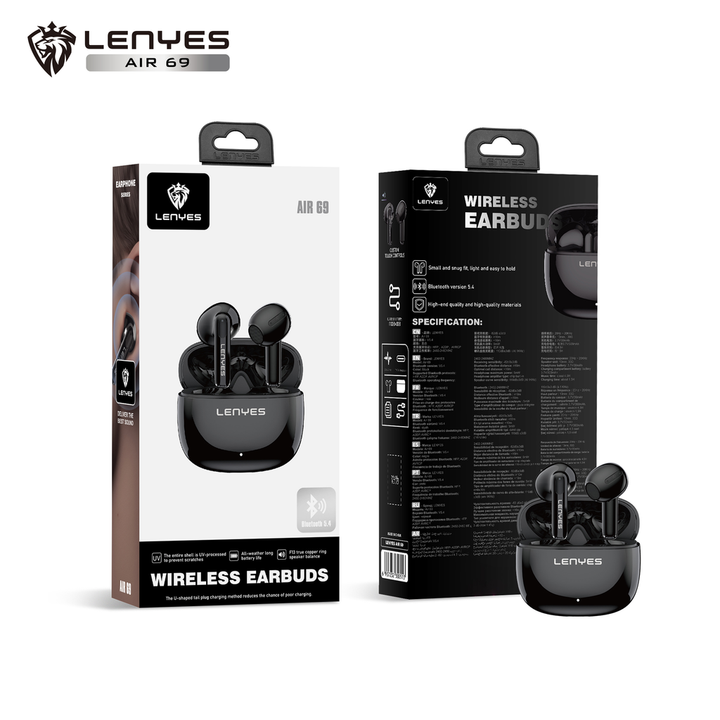 LENYES Air 69 BLACK Auriculares Bluetooth 5.4 TWS con Carga Magnética - Control Táctil y Hi-Res Audio (Copia)