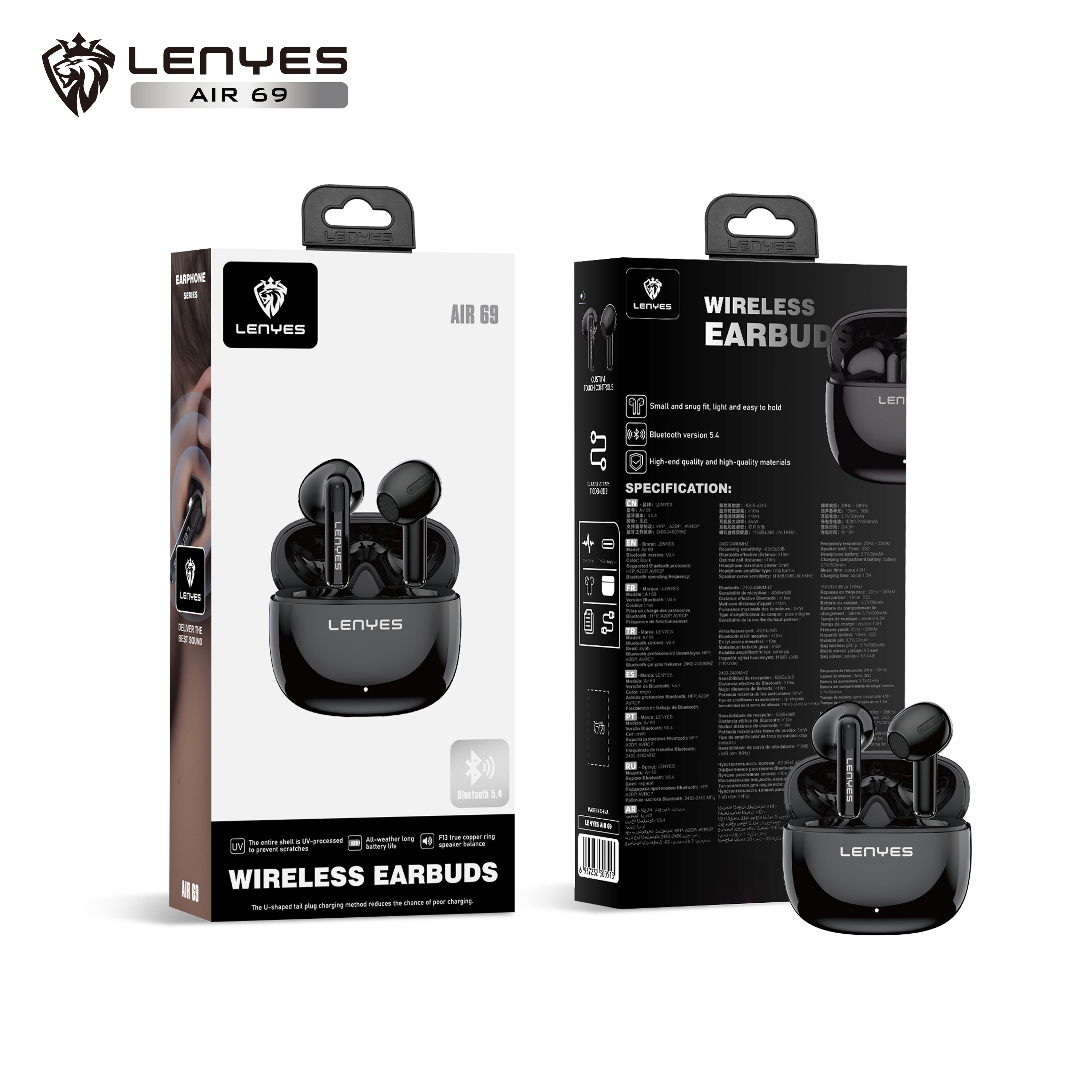 LENYES Air 69 BLACK Auriculares Bluetooth 5.4 TWS con Carga Magnética - Control Táctil y Hi-Res Audio (Copia)