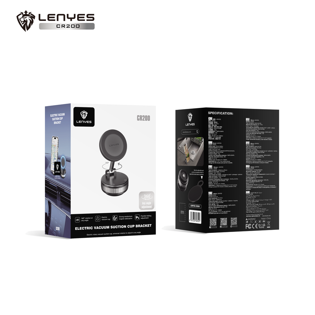 LENYES CR200 Soporte Magnético Ventosa Eléctrica 360° Batería 2 Meses Negro