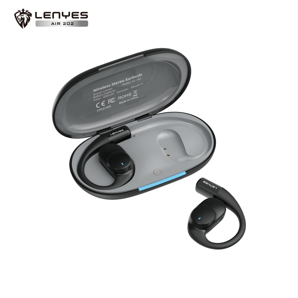 LENYES AIR 202 BLACK Auriculares Bluetooth 5.4 Abiertos con Gancho - IPX4 Resistentes al Agua 32h Batería