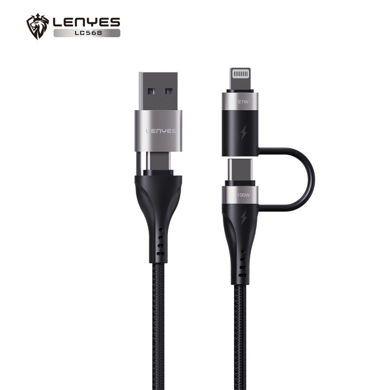 Cable 4 en 1 Lenyes LC568 | 100W PD Super Fast Charge | USB-A/C a Tipo-C/Lightning | Aluminio y Nylon