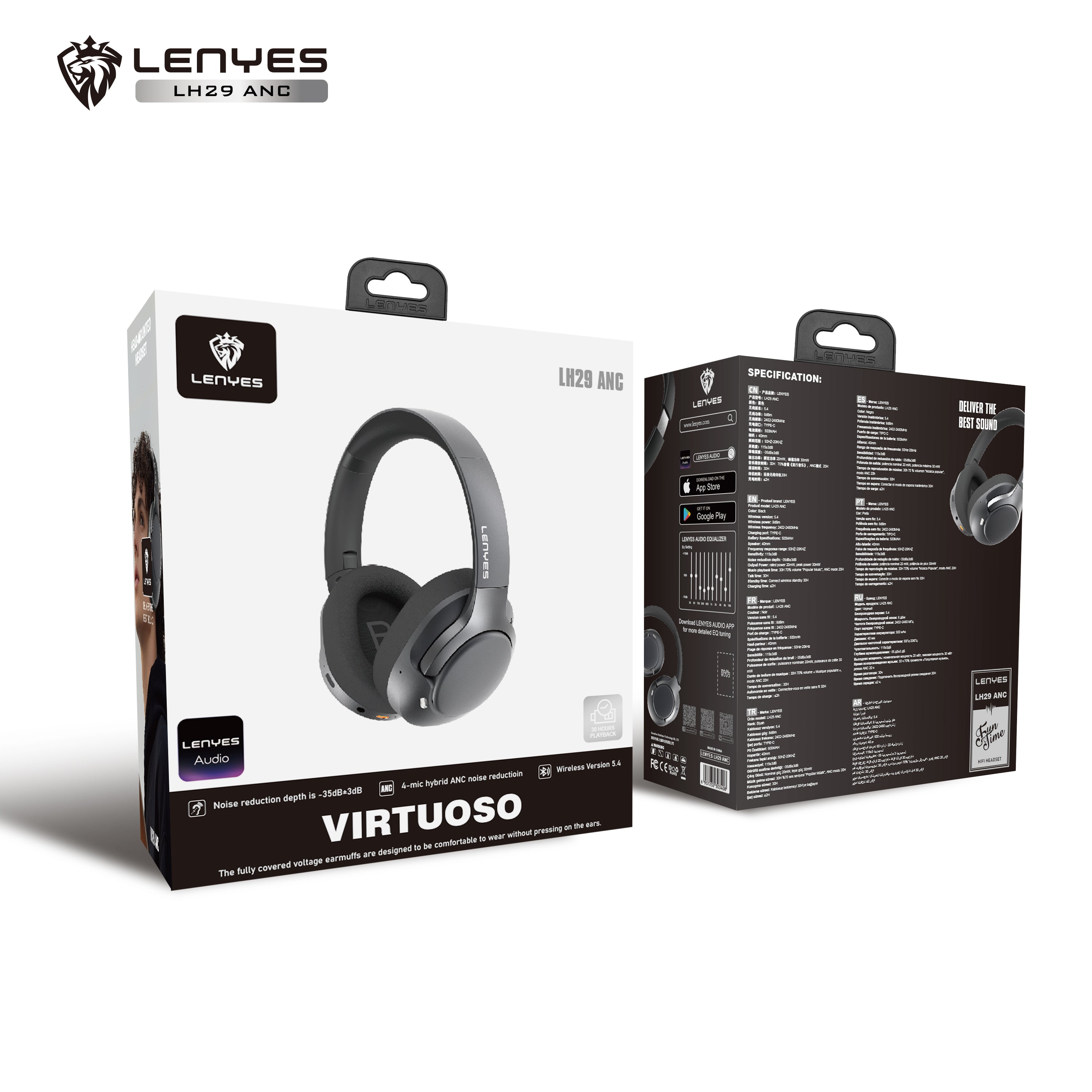LENYES LH29 ANC Auriculares Bluetooth Cancelación Híbrida 43dB 40mm 30h Negro