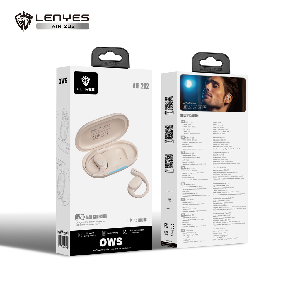 LENYES AIR 202 BEIGE Auriculares Bluetooth 5.4 Abiertos con Gancho - IPX4 Resistentes al Agua 32h Batería
