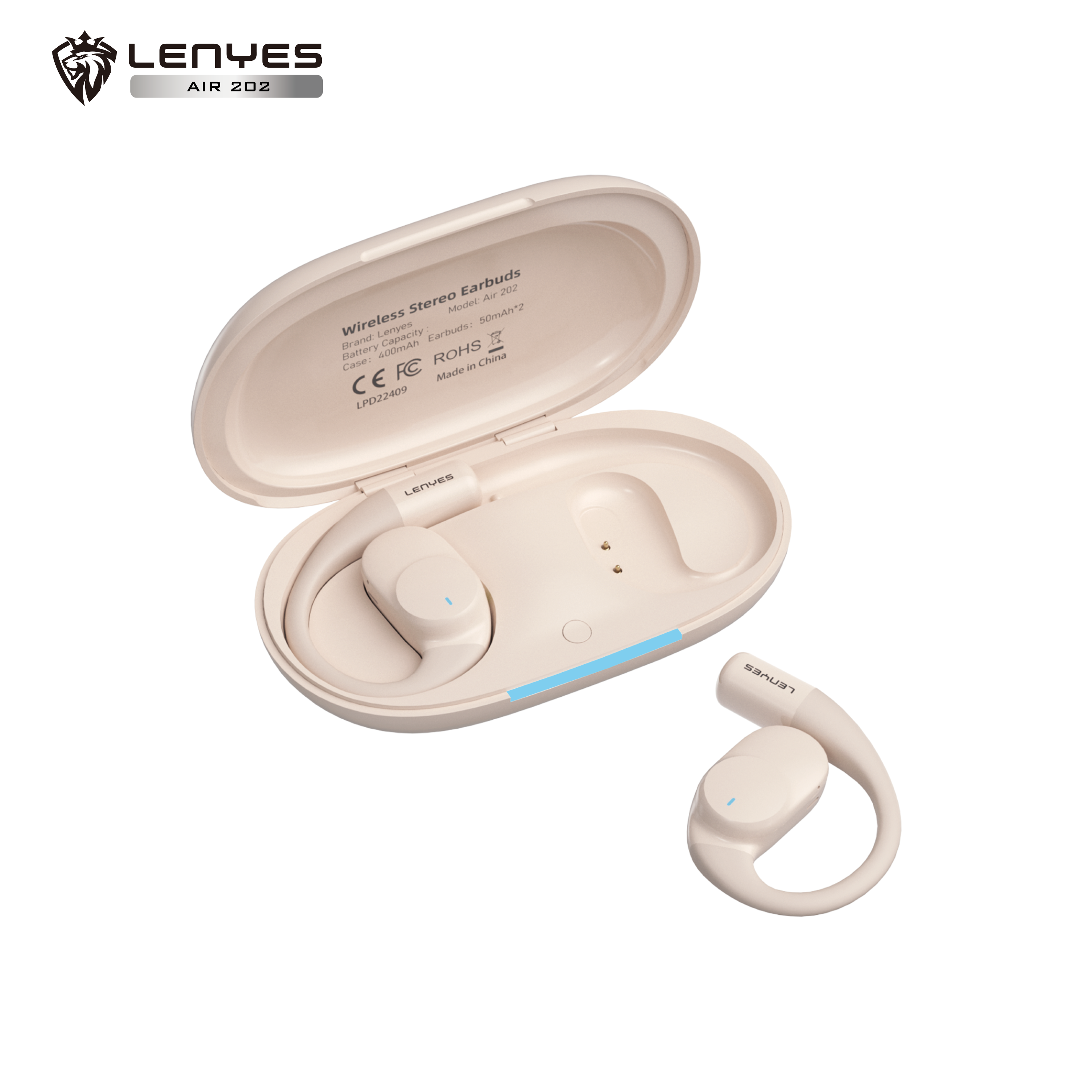 LENYES AIR 202 BEIGE Auriculares Bluetooth 5.4 Abiertos con Gancho - IPX4 Resistentes al Agua 32h Batería