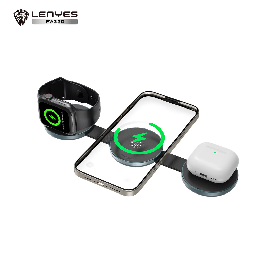 LENYES PW330 Cargador Inalámbrico 3en1 15W MagSafe Plegable Aluminio Negro