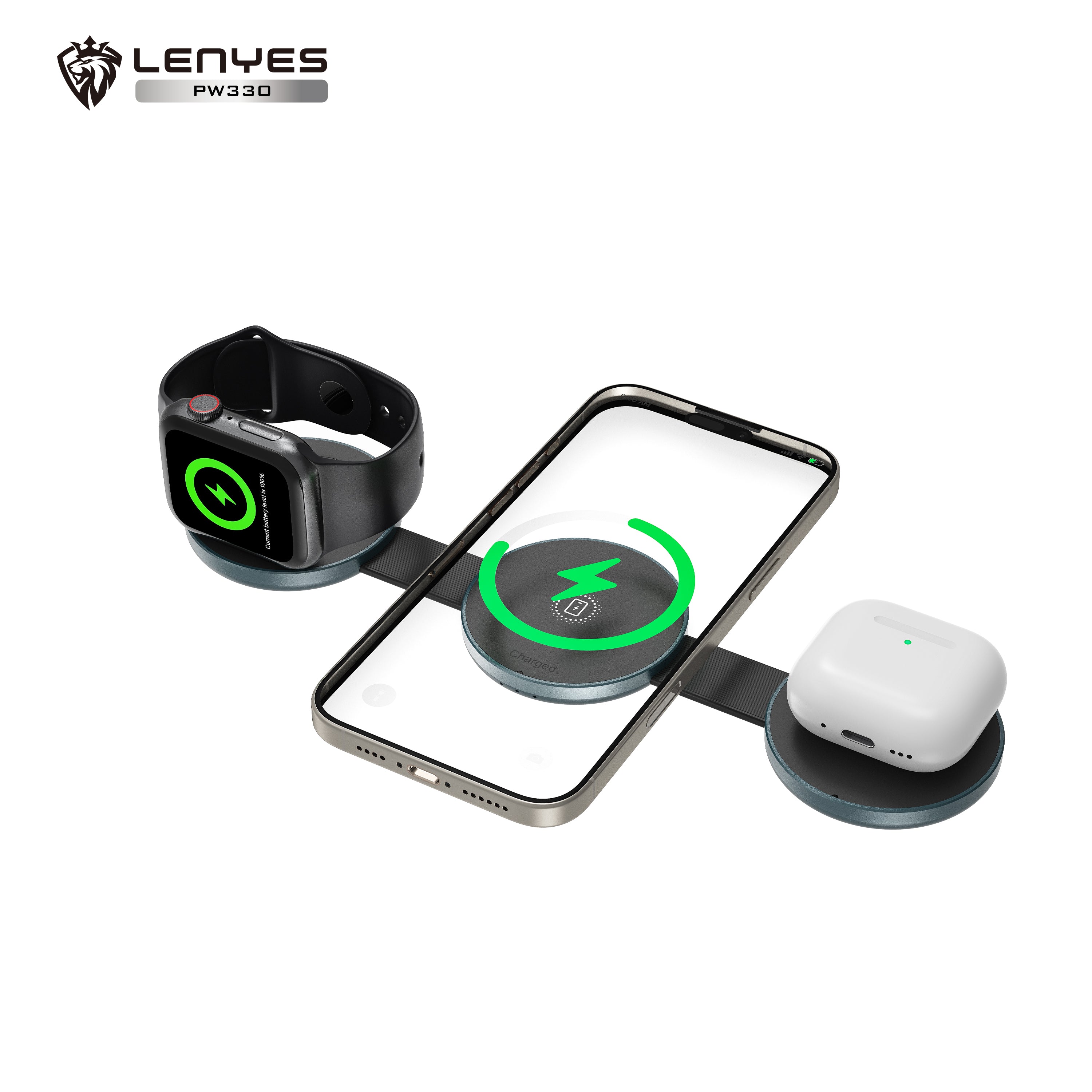 LENYES PW330 Cargador Inalámbrico 3en1 15W MagSafe Plegable Aluminio Negro