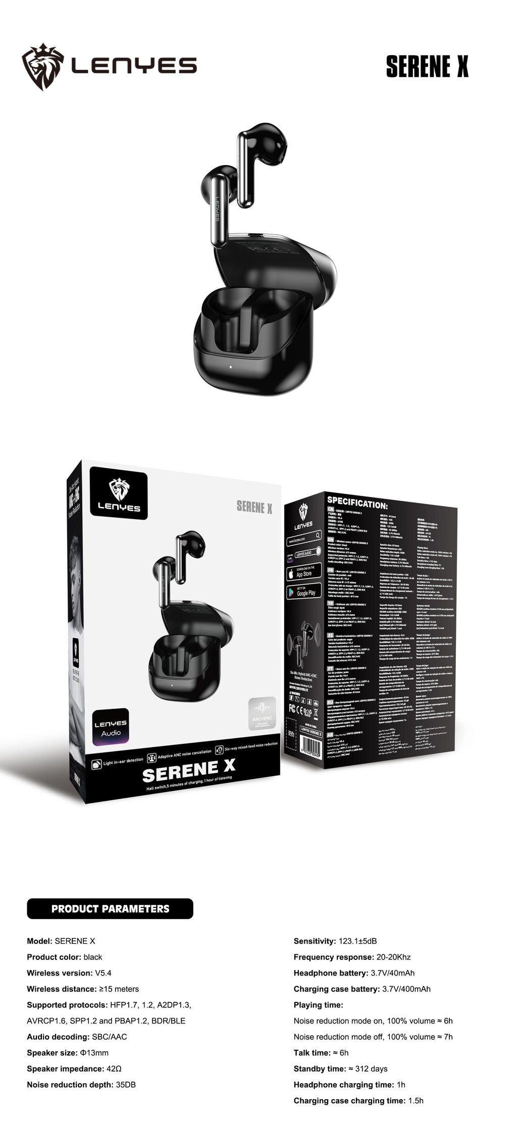 LENYES SERENE X Auriculares Bluetooth 5.4 TWS con ANC+ENC 6 Micrófonos - Sonido 360° y App Audio