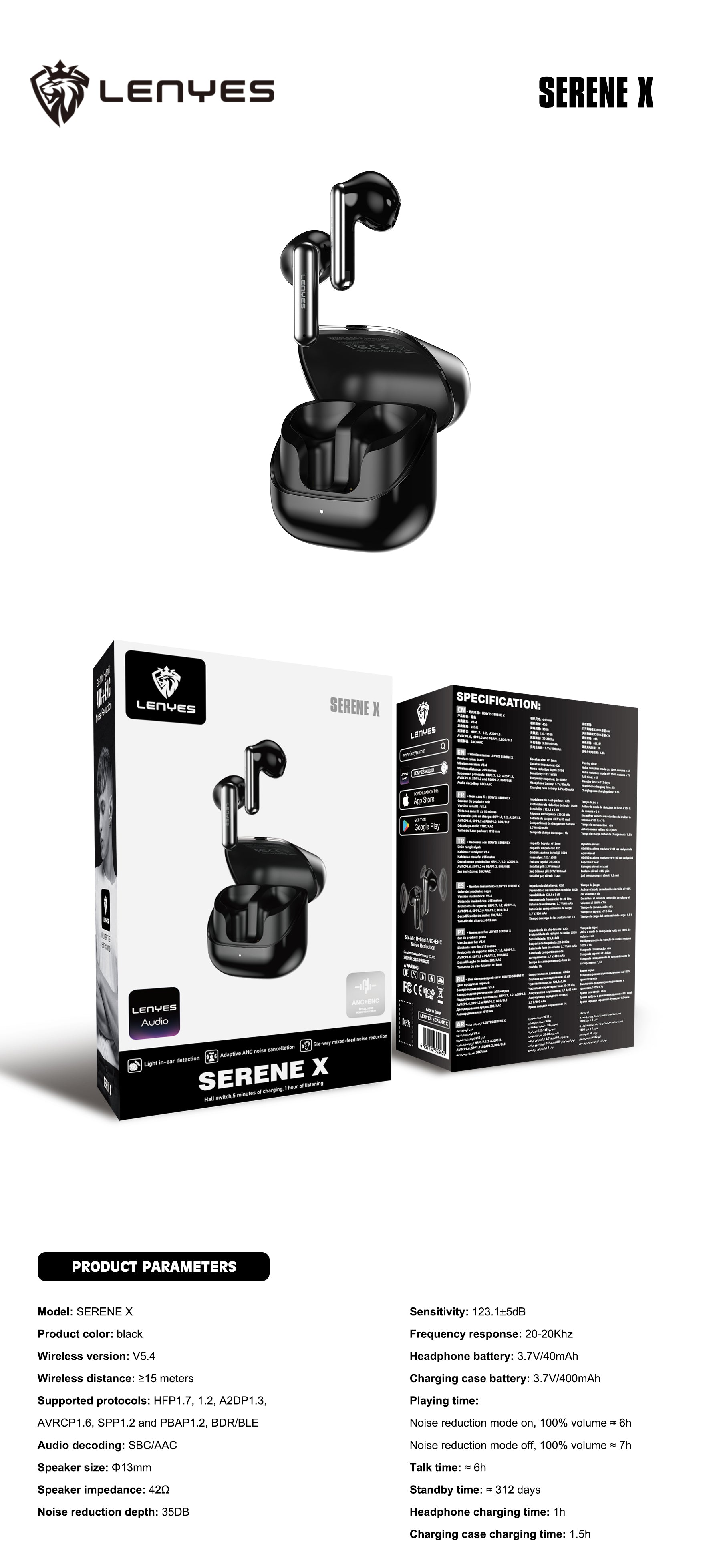 LENYES SERENE X Auriculares Bluetooth 5.4 TWS con ANC+ENC 6 Micrófonos - Sonido 360° y App Audio