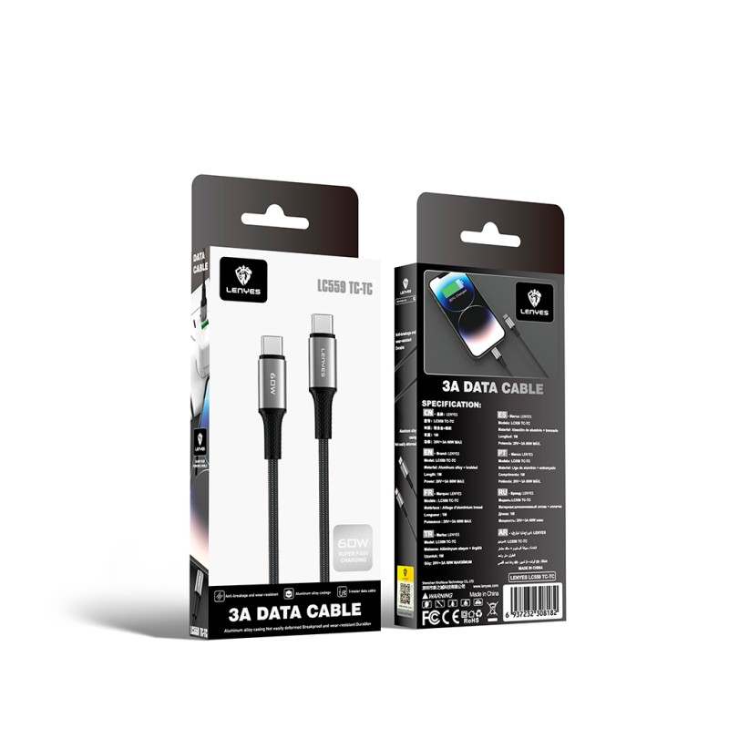 Cable USB-C a USB-C Lenyes LC559 | 60W 3A Fast Charge | 1 Metro | Nylon Trenzado y Aluminio