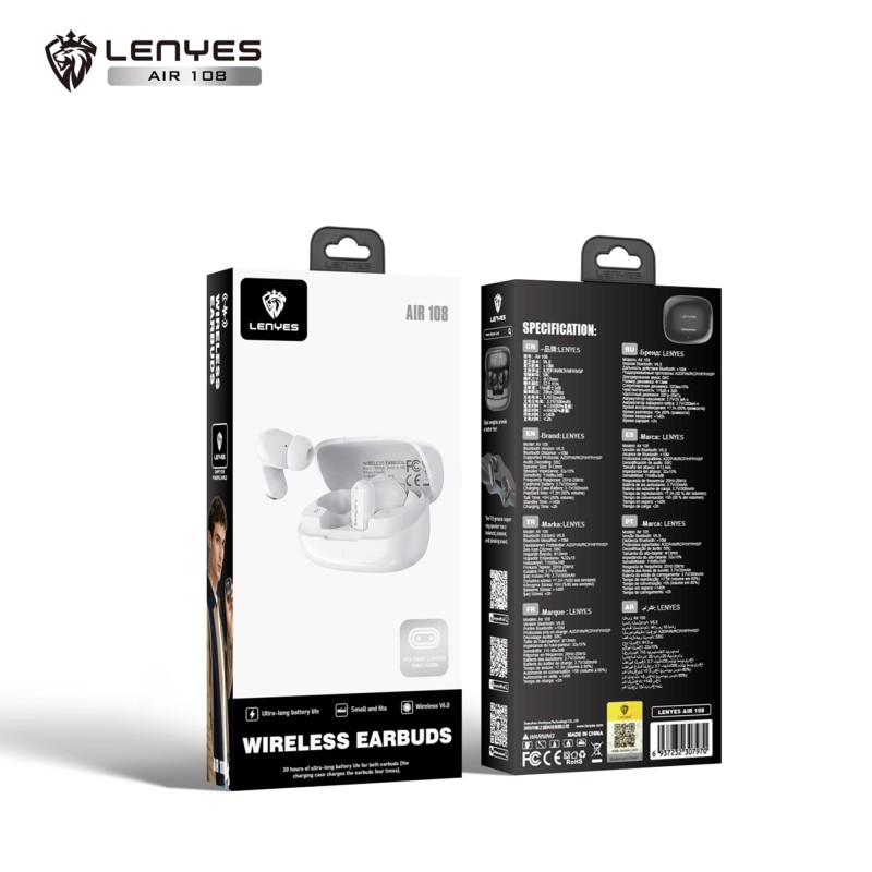 Auriculares Inalámbricos Lenyes Air 108 BLANCO | TWS Bluetooth V6.0 | Autonomía 20H | Altavoz de Cobre F13 13mm