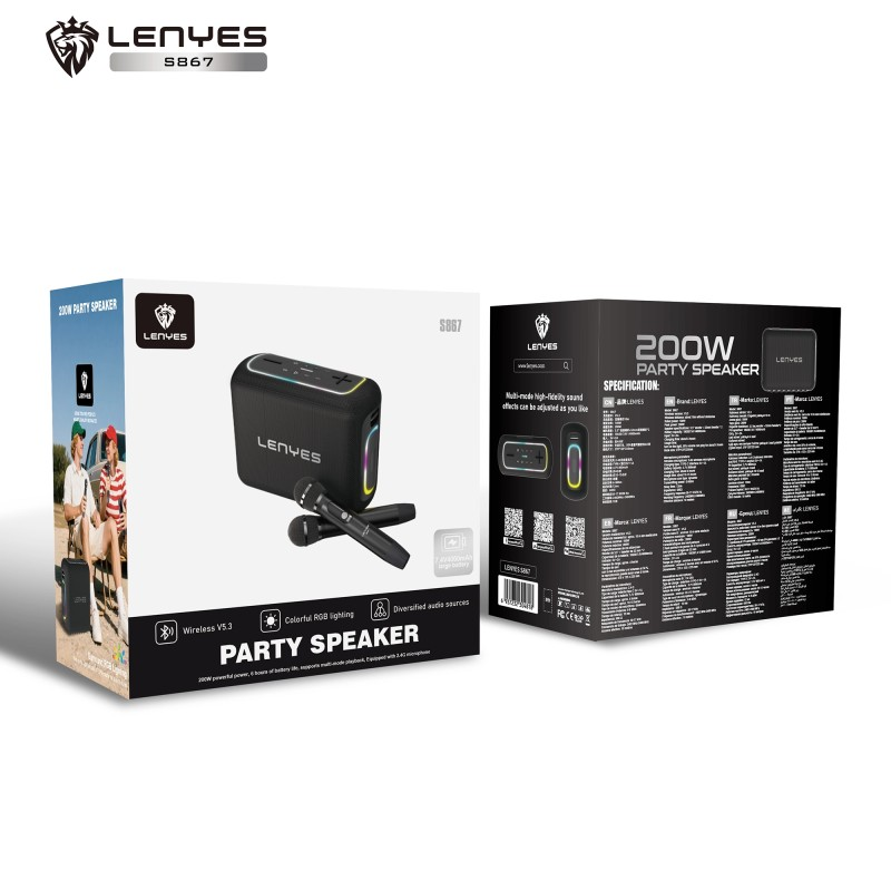 Altavoz Bluetooth Party Lenyes S867 | 200W Peak Power | 2 Micrófonos Inalámbricos 2.4G | RGB Dinámico | Correa de Transporte