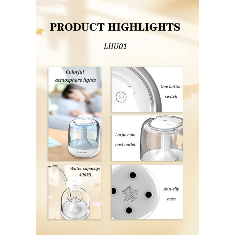 Humidificador Ultrasónico Lenyes LHU01 Jellyfish | 440ml | Luz LED 7 Colores | Silencioso | USB