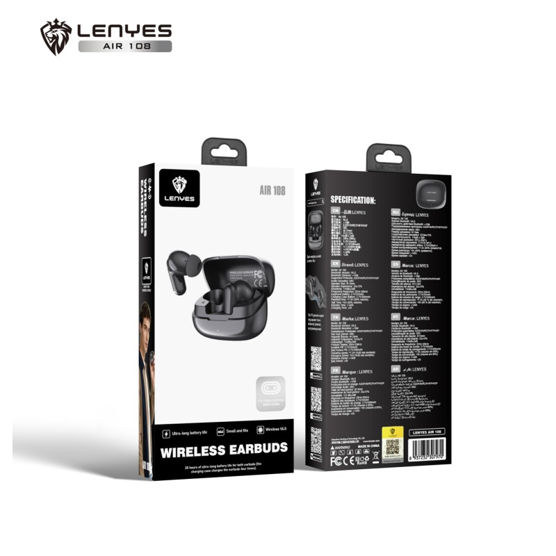 Auriculares Inalámbricos Lenyes Air 108 NEGRO | TWS Bluetooth V6.0 | Autonomía 20H | Altavoz de Cobre F13 13mm