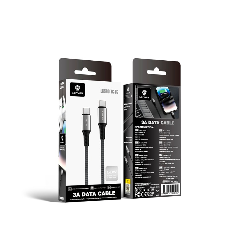 Cable USB-C a USB-C Lenyes LC560 | 60W 3A Fast Charge | 2 Metros Extra Largo | Nylon Trenzado y Aluminio
