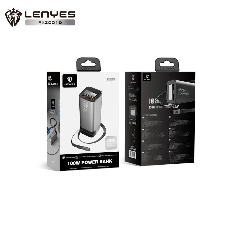 Power Bank Lenyes PX2001D | 20000mAh | 100W PD para Portátiles | Cable Tipo-C Bidireccional 60cm | Pantalla LED