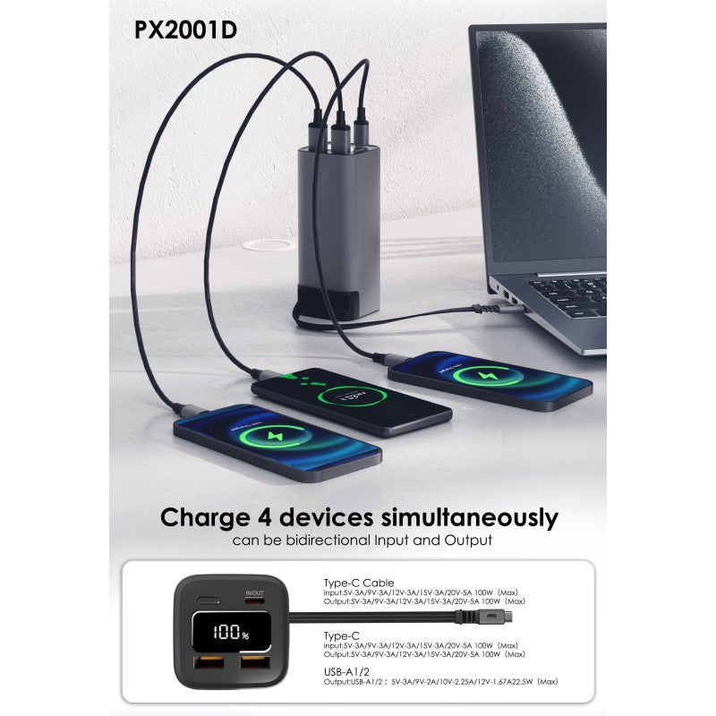 Power Bank Lenyes PX2001D | 20000mAh | 100W PD para Portátiles | Cable Tipo-C Bidireccional 60cm | Pantalla LED