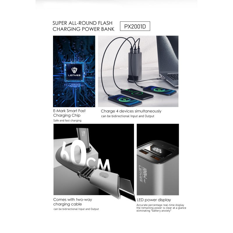Power Bank Lenyes PX2001D | 20000mAh | 100W PD para Portátiles | Cable Tipo-C Bidireccional 60cm | Pantalla LED