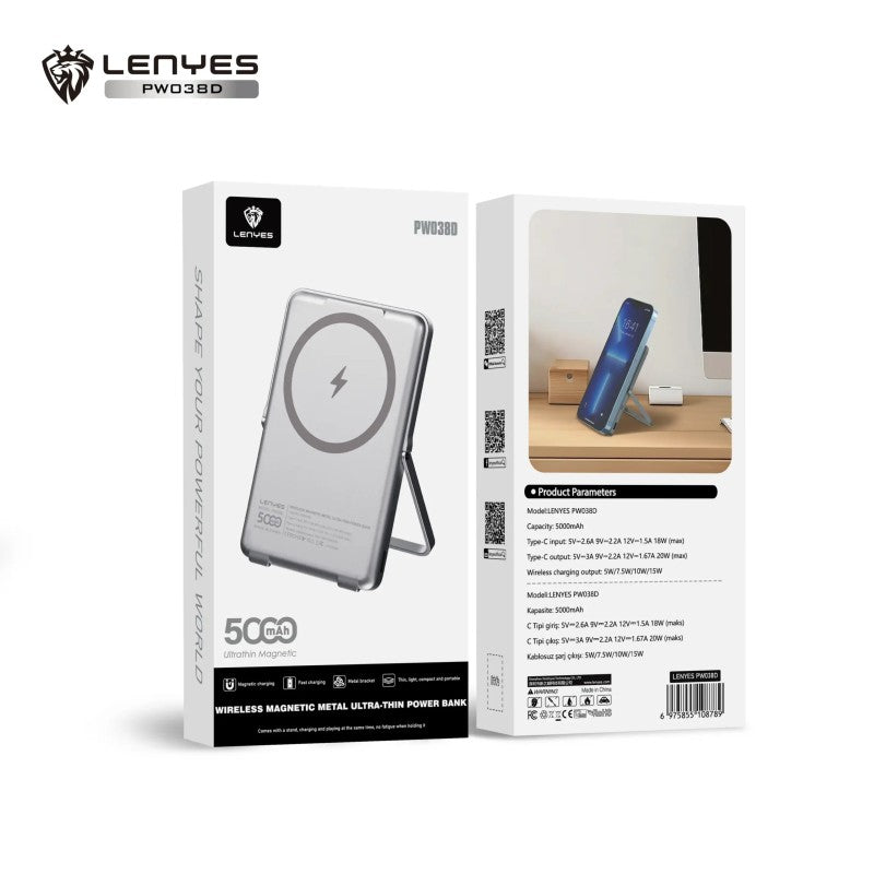 Power Bank Magnético Lenyes PW038D | 5000mAh | Ultrafino Aluminio Plata | Carga Inalámbrica 15W | PD 20W | Soporte Integrado