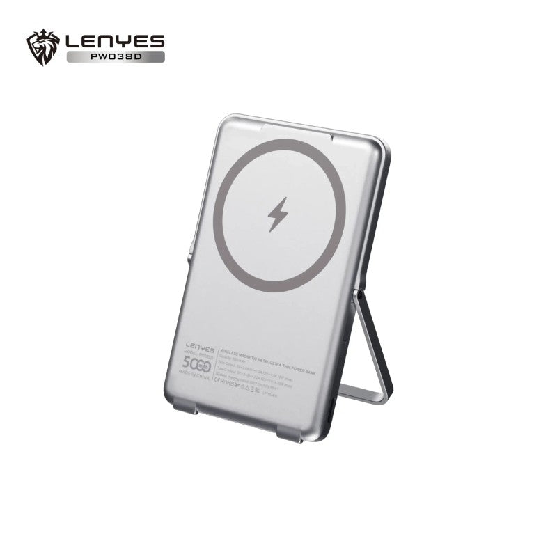 Power Bank Magnético Lenyes PW038D | 5000mAh | Ultrafino Aluminio Plata | Carga Inalámbrica 15W | PD 20W | Soporte Integrado