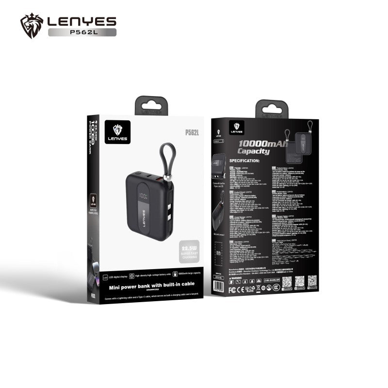 Power Bank Mini Lenyes P562L | 10000mAh | Cables Integrados Tipo-C y Lightning | Carga Rápida 22.5W | Pantalla LED