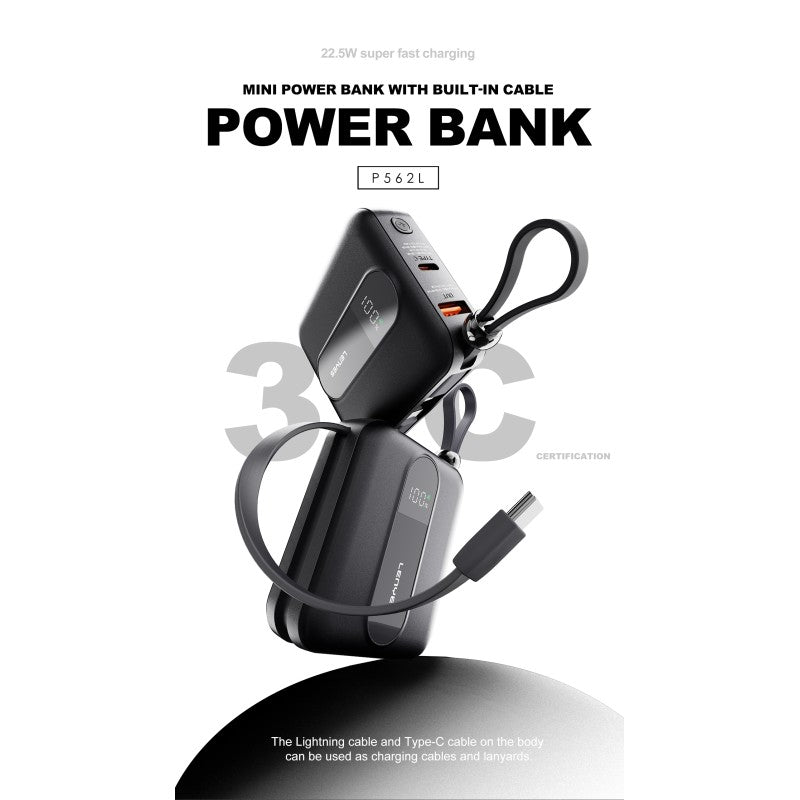 Power Bank Mini Lenyes P562L | 10000mAh | Cables Integrados Tipo-C y Lightning | Carga Rápida 22.5W | Pantalla LED