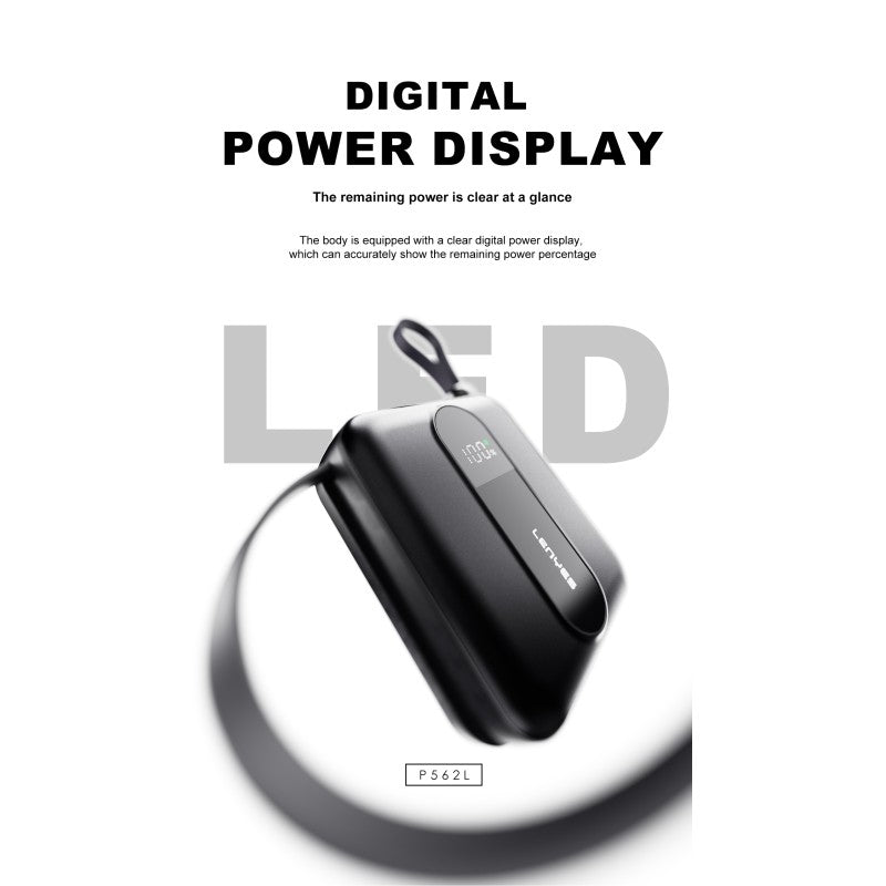 Power Bank Mini Lenyes P562L | 10000mAh | Cables Integrados Tipo-C y Lightning | Carga Rápida 22.5W | Pantalla LED