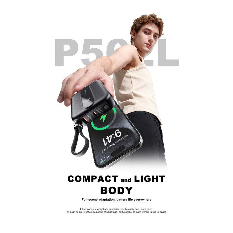 Power Bank Mini Lenyes P562L | 10000mAh | Cables Integrados Tipo-C y Lightning | Carga Rápida 22.5W | Pantalla LED